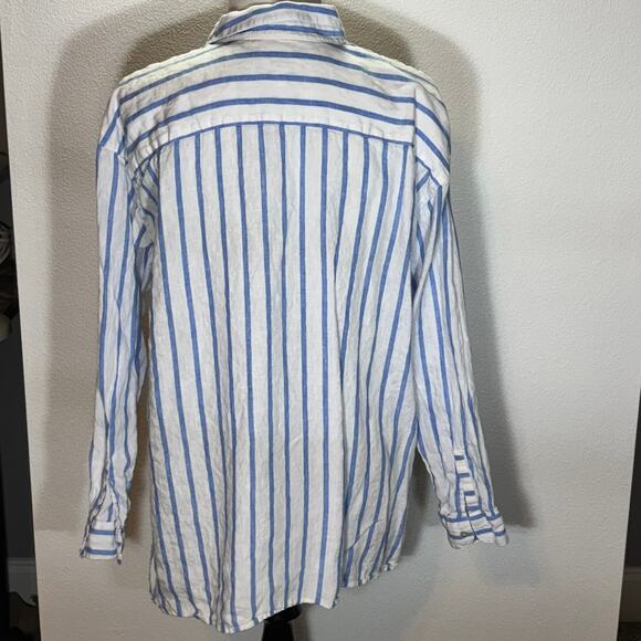 J.Jill Love Linen Blue White Striped Button Front Shirt 100% Linen Size L - Picture 2 of 6